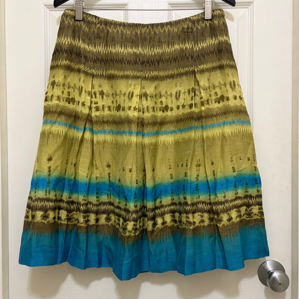 Talbots Collection Linen Silk Blend Skirt Green Blue Abstract Artsy Boho Coastal